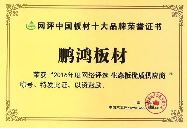 鵬鴻實(shí)力再獲肯定，蟬聯(lián)木業(yè)網(wǎng)2017年度“生態(tài)板十大品牌”