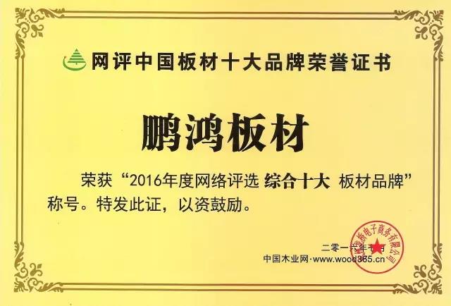 鵬鴻實(shí)力再獲肯定，蟬聯(lián)木業(yè)網(wǎng)2017年度“生態(tài)板十大品牌”